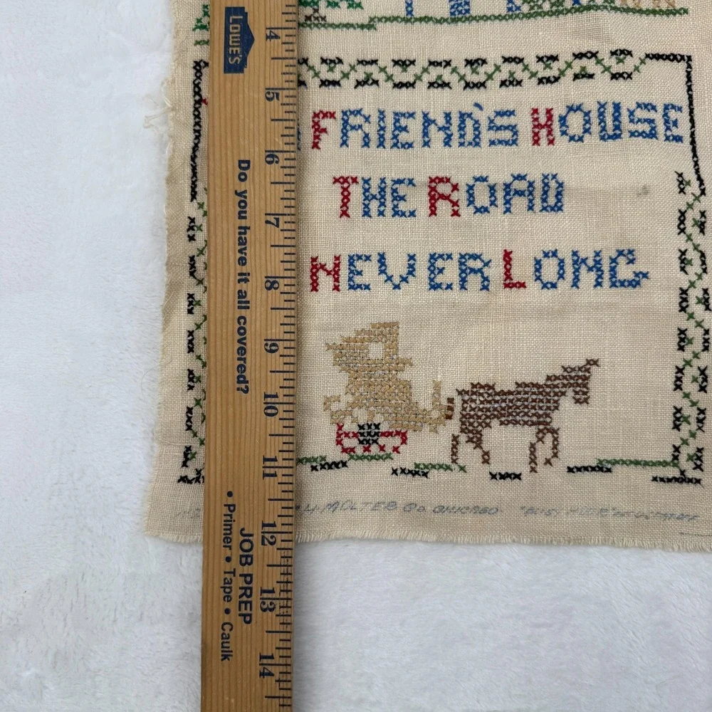 VTG Linen Sampler Cross Stitch Unframed 12x9 Road is Never Long 30s 40s Look
